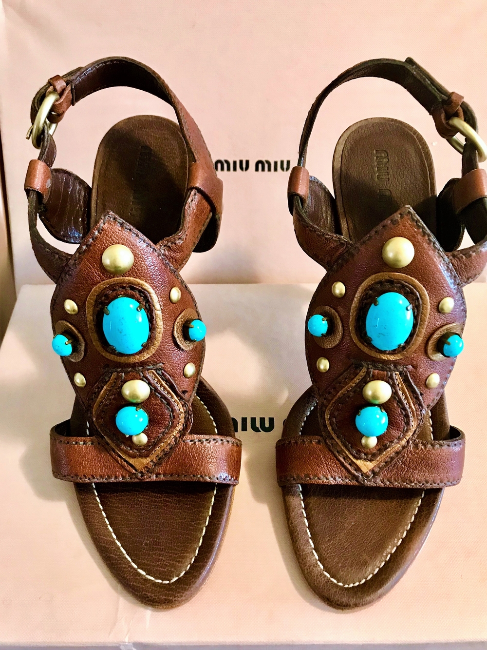 New* Miu Miu Shoes Brown Leather Sandals + Turquoise Accents ( 38